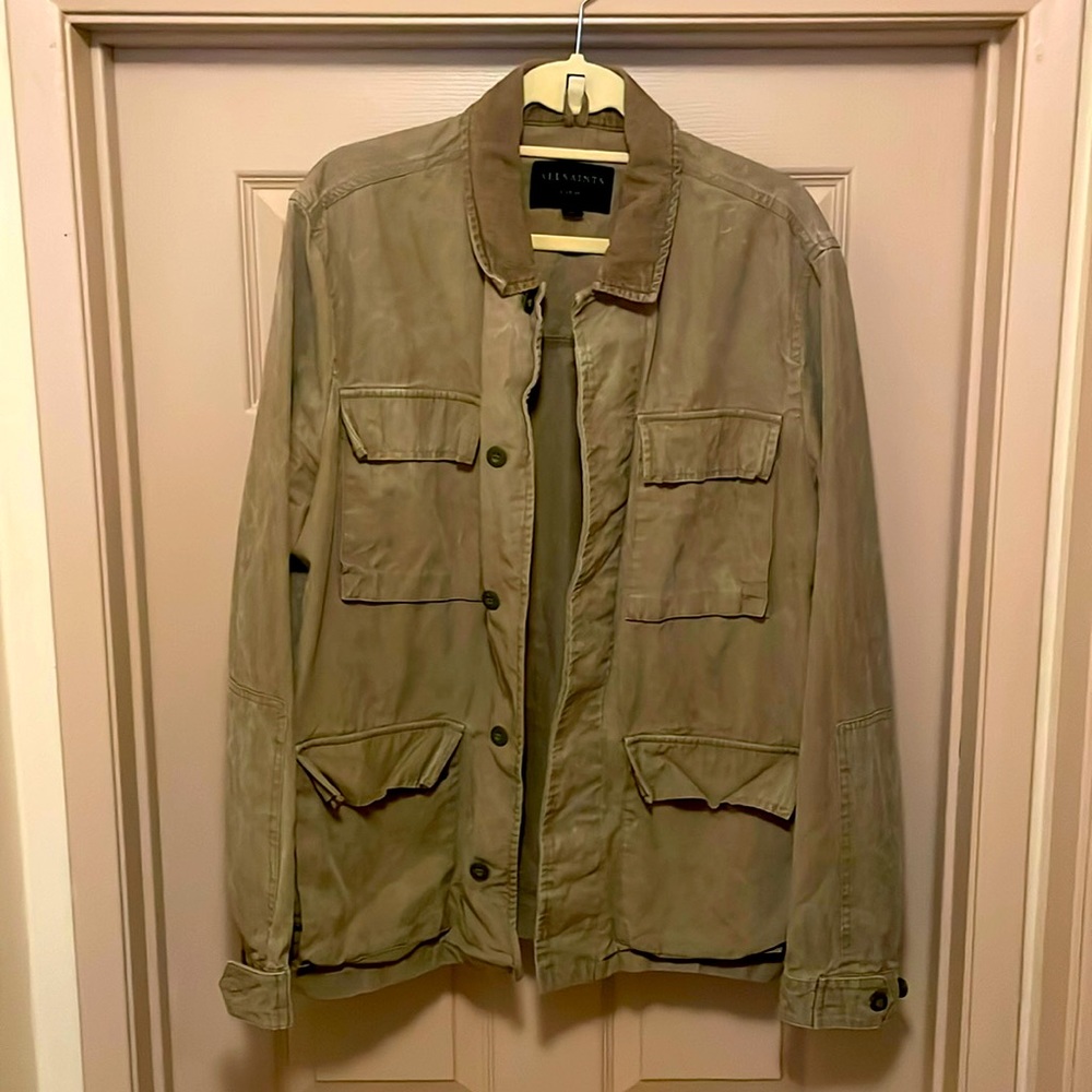 ALLSAINTS military green canvas-style jacket.